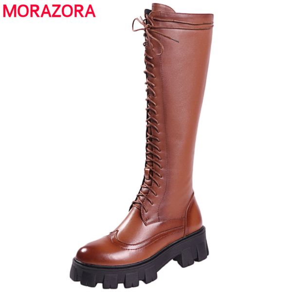 

morazora 2020 new genuine leather boots lace up platform knee high boots retro brown knight winter autumn winter shoes, Black
