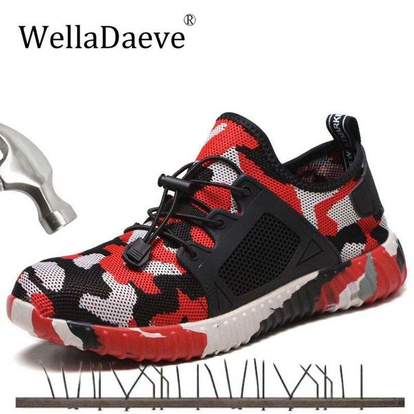 

men's steel toe work safety shoes lightweight breathable camouflage outdoor sneakers puncture proof ankle boots footwear for men, Black