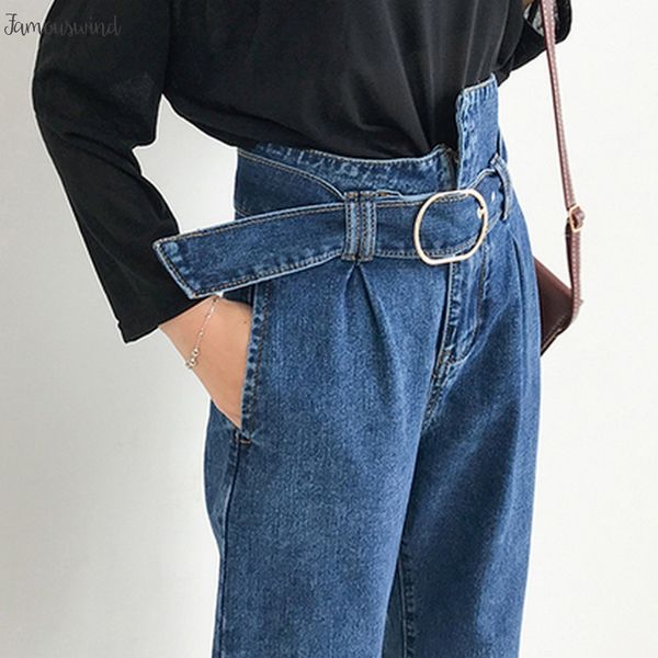 

jeans boyfriend fashion for women streetwear loose women jeans with high waist personality irregularl belt vintage long denim pants, Blue