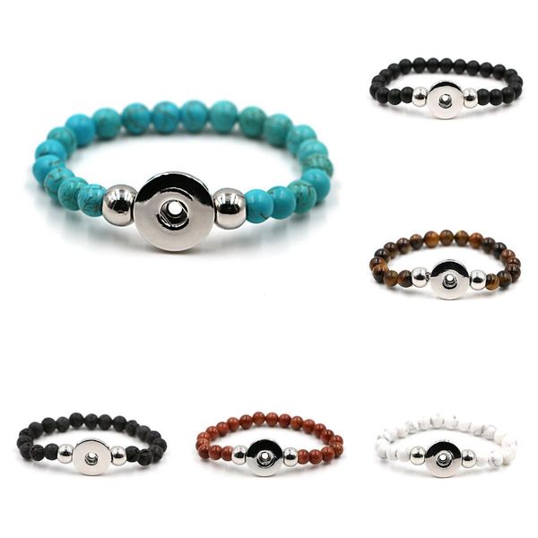 

pretty fit snap button jewelry women men elastic charm bracelet black lava turquoise tiger eye natural stone bead bracelet, Golden;silver