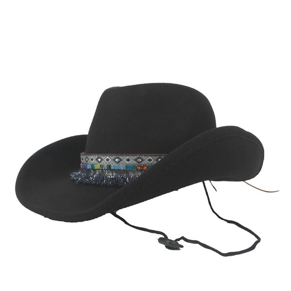

women wool hollow western cowboy hat wide brim lady tassel outblack fedora sombrero hombre jazz cap, Blue;gray