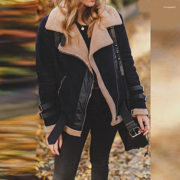 

warm lapel neck faux lamb wool coats casual women apparel winter women designer coats fashion thickened, Black