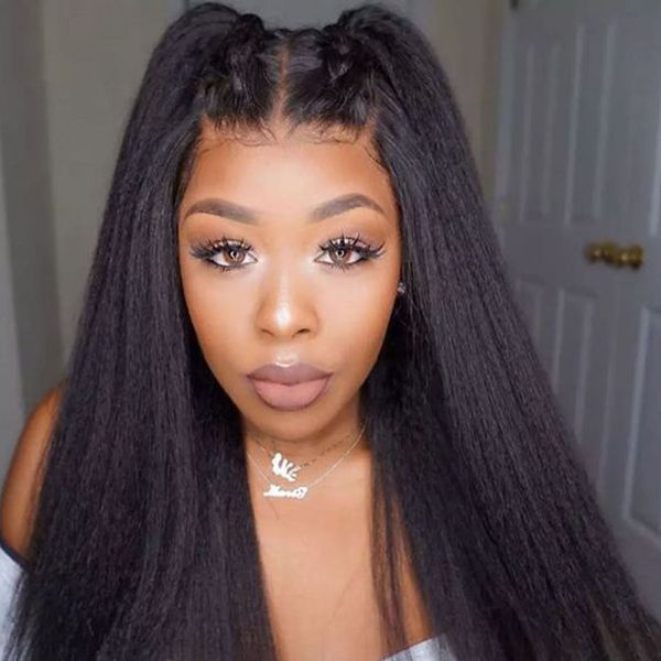 

natural lace frontal wig kinky straight lace wig brazilian wig yaki 150% density lace front afro synthetic wigs for black women, Black;brown