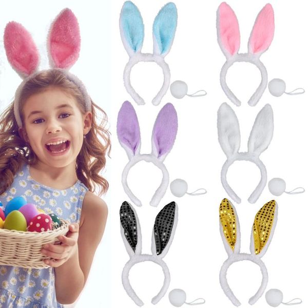 

6pcs women girl plush ears headband bow tie tail easter cosplay costume set party hair hoop, Slivery;white