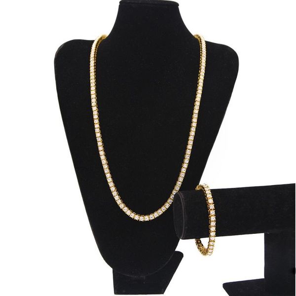 

hip hop bling chains jewelry mens single row gold iced out tennis chain rhinestone bracelet necklace jewelry set, Silver