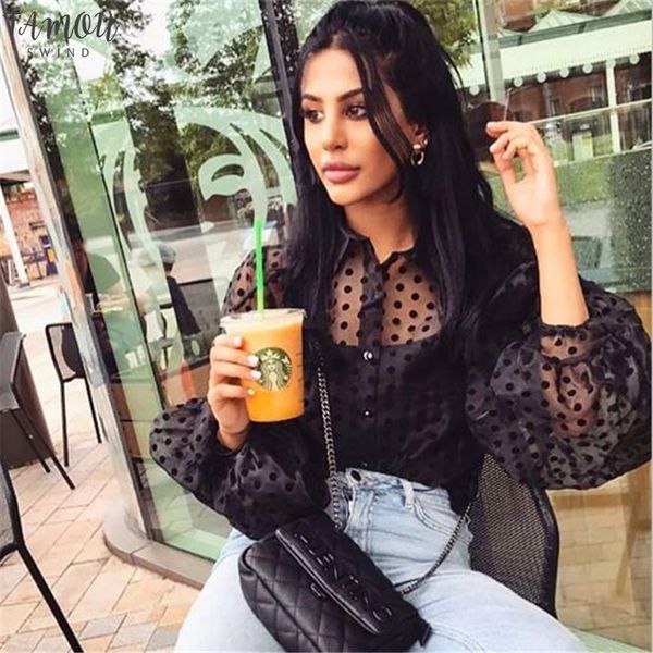 

yuqung womens sheer tulle tops lantern sleeve blouses рубашка туника женская марлевая вуаль в горошек прозрачная блузка из органзы черный, White