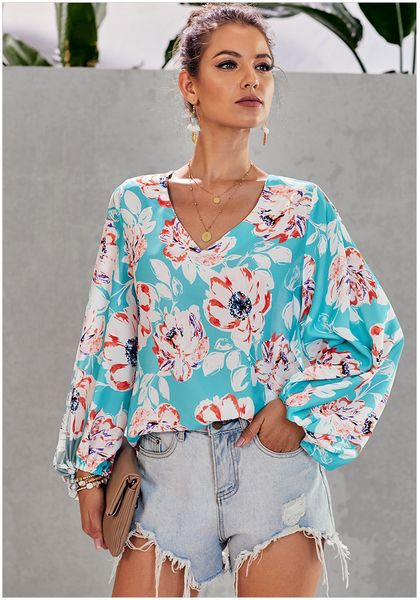 

spring and summer 2020 new shirt ladies europe and the united states new loose shirt printing loose v-neck lantern sleeve blouse women, White