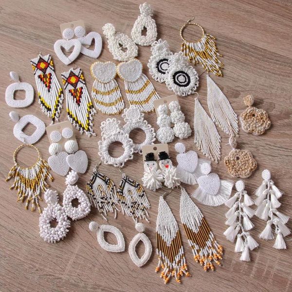

royalbeier handmade beaded white fringed earrings woman's fashion cute drop earrings bohemian tassel wedding jewelry, Silver