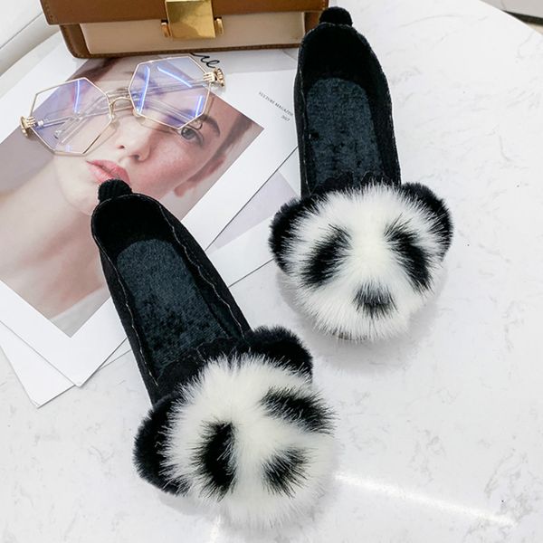 

2020 new women flat shoes cute panda slip on moccasins pompon fur shoes ballet flats cozy warm ladies lazy furry p462, Black