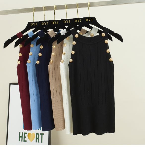 

amolapha women soild button hollow out thin knitted tank female girls double breasted knit sleeveless sweater tanks, White