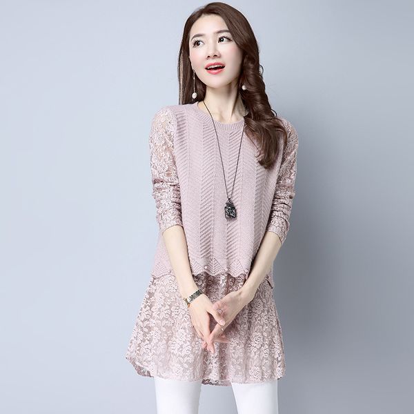

2018 spring autumn women's lace stitching pullovers sweater female fake two-piece sets black/pink mini knitted dress winter a172, White;black