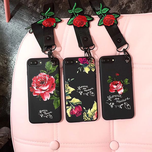 

luxury phone case for iphone x/xs xr xsmax 6/6s 6p/6sp 7/8 7p/8p soft tpu phone case with lovely rose painting embroidery lanyard 3 styles