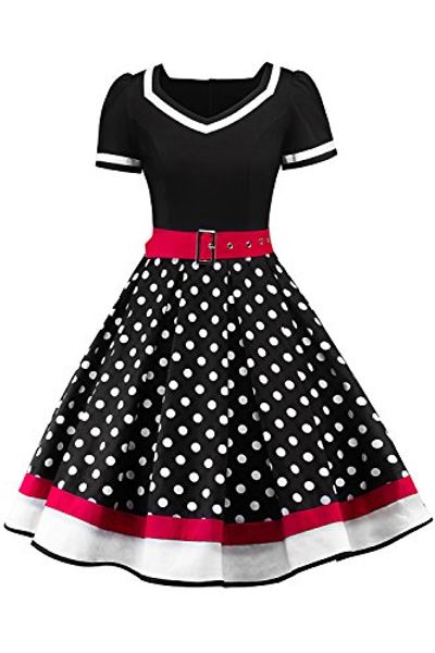 

women's puffy sleeve polka dots patchwork casual party dress with belt, Black;gray