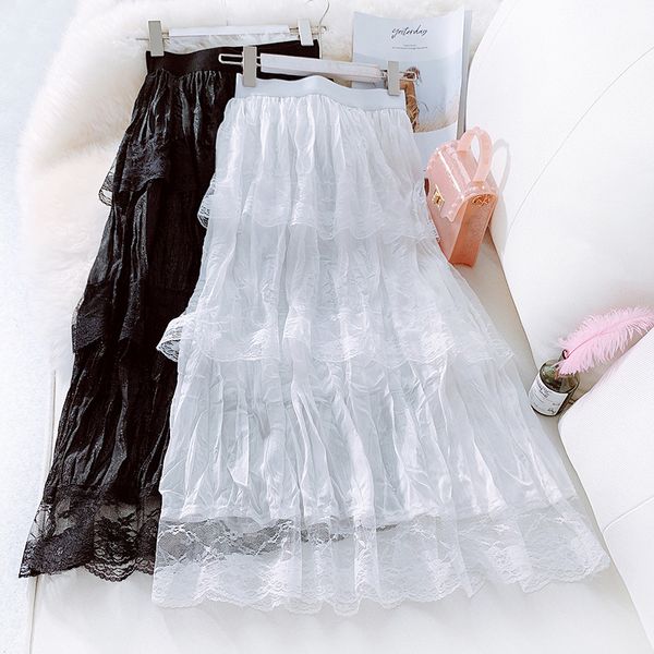 

2019 summer new arrival multi-tiered white skirt lace stitching layer skirt chiffon pleated sweet fairy long ing, Black