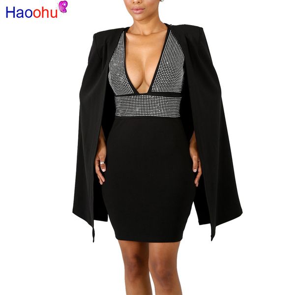 

two piece rhinestone bodycon dress with cloak women fall 2018 new deep-v elegant dress casual mini party dresses, Gray