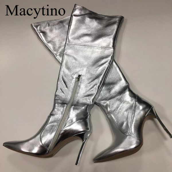 

metallic silver leather boots over the knee extra long boots real leather winter shoes women stiletto pointy shoes, Black