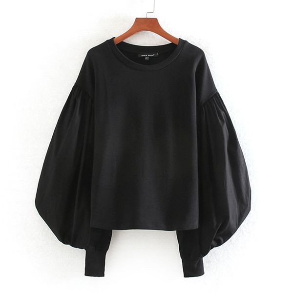 

harada autumn o neck sweatshirts women fashion patchwork loose sweatshirt women elegant puff sleeve sweatshirts female ladies kf, Black