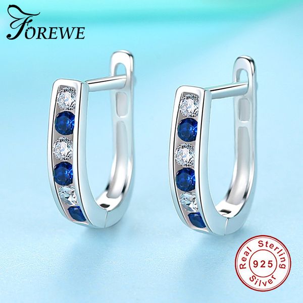 

forewe 100% pure 925 sterling silver blue crystal hoop earrings for women forever round earrings sterling silver jewelry, Golden;silver
