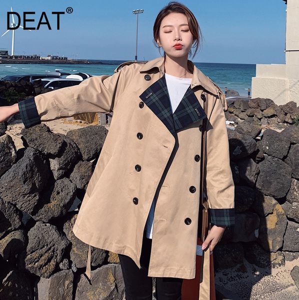 

deat] 2019 new autumn winter lapel long sleeve personality hit color spliced bandage windbreaker women trench fashion 13d106, Tan;black