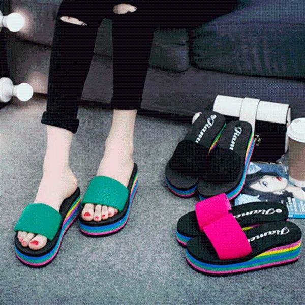 

gaoke women sandals slippers new summer fashion rainbow slides sandals home shoes wedge heels beach 8 style tr869381, Black