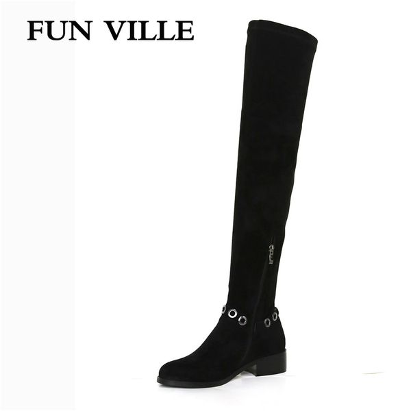 

fun ville new 2018 autumn women over the knee boots black flock flat botas round toe zipper size woman shoes 35-42