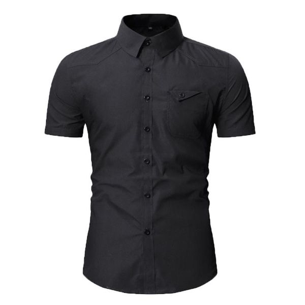 

solid cargo slim button pocket shirt men short sleeve casual summer blouse man's shirt camisas para hombre, White;black