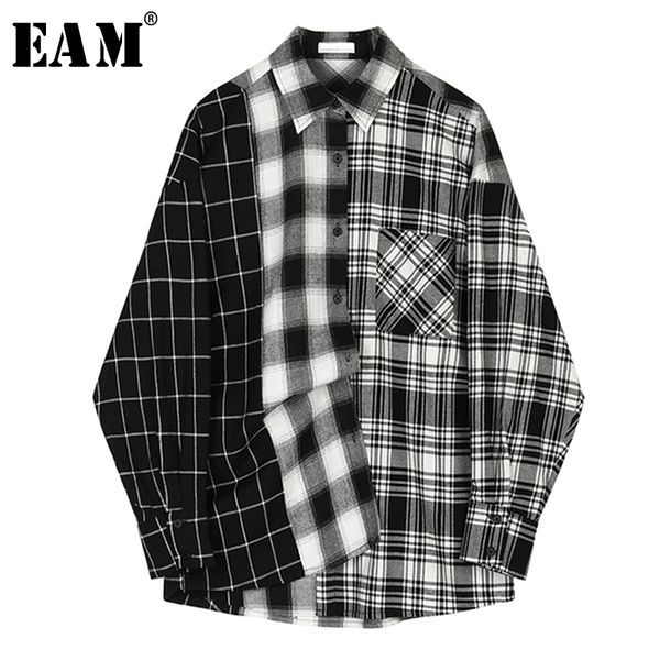 

eam] женщины черный плед сплит большой размер блузка новый лацкан с длинным рукавом свободная посадка рубашка мода прилив весна осень 2020, White