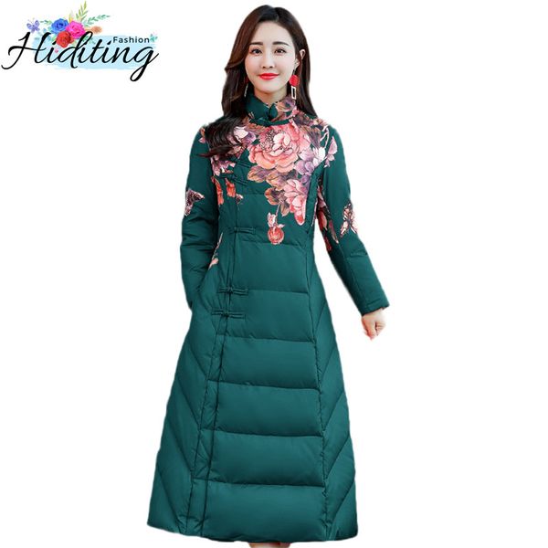 

women parkas winter jacket retro chinese style down cotton coats long print fashion jacket national style cotton outerwear win51, Black