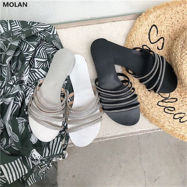 

molan 2020 summer new bling crystal narrow band flat slippers slip on loafers mules flip flops beach shoes, Black
