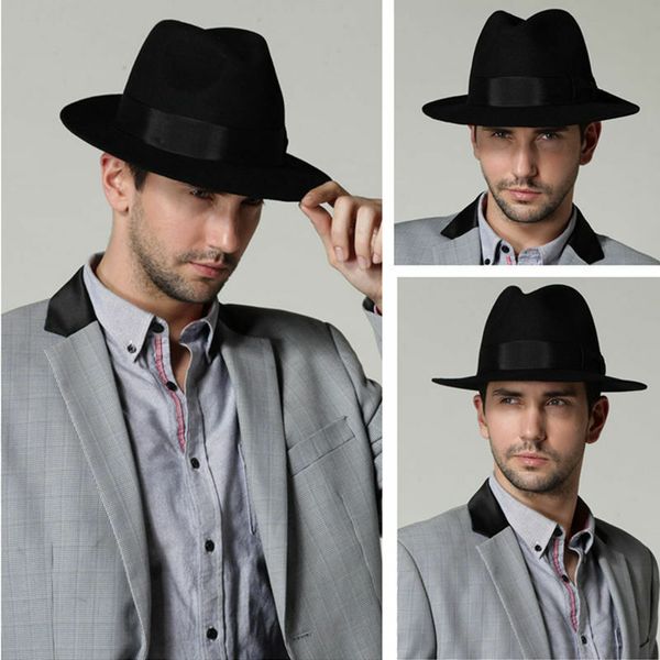

mens women thick wool vintage felt fedora wide brim panama bowler trilby hat cap black gray, Blue;gray