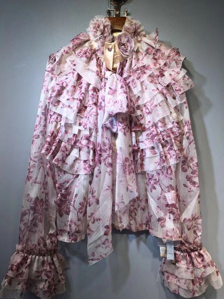 

brand designer women cascading ruffles party blouse 2019 spring summer fashion manual roses collar long sleeve transparent shirts, White