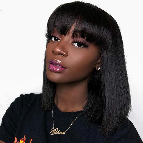 Cheap Short Human Hair Wig For Black Women With Bangs Lacefront