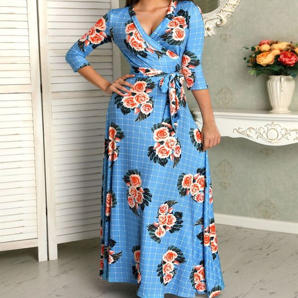 

women long maxi dresses bohemia v-neck three quarter sleeve floral print ethnic summer beach female stylish style dress, Black;gray