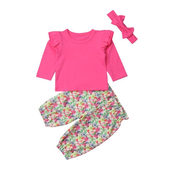 

2019 multitrust brand toddlers kids baby girls long pink sleeve t-shirt floral pants outfit set spring autumn clothes, White