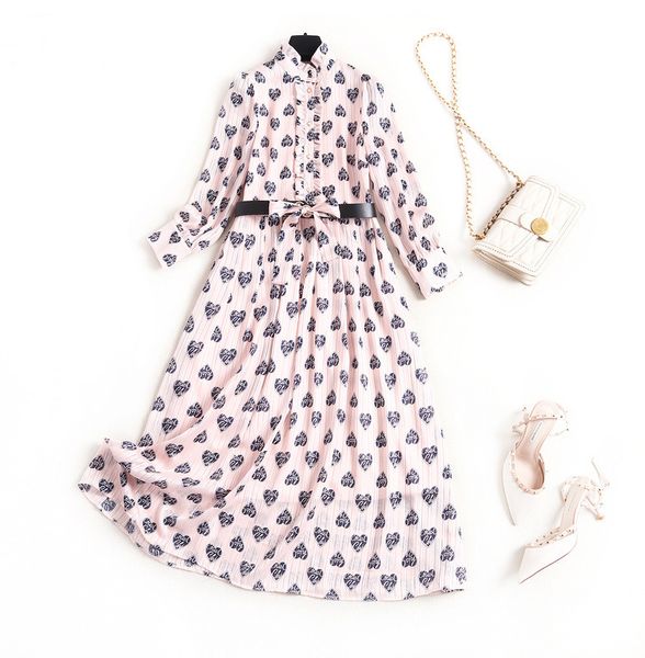 

love printed chiffon dress 2020 spring crew neck high waist new style fungus skirt with belt fashion vintage clothes new, Black;gray