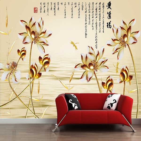 

3d stereo chinese wallpaper overall lotus with poem wall covering living room sofa bedroom tv background wall decor wallpaper