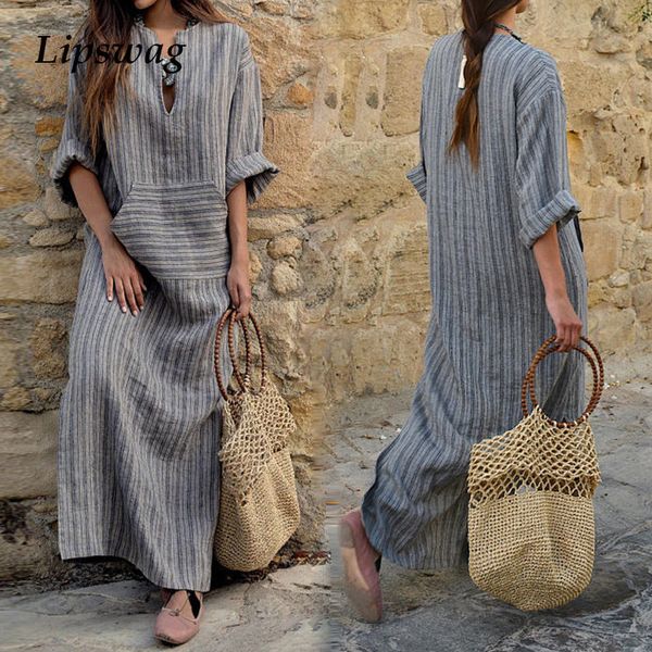 

lipswag v-neck stripe pocket dress elegant women loose soft dress casual summer straight maxi long plus size 5xl, Black;gray