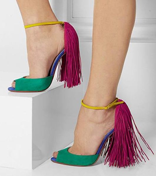

new open toe high heels fringe thin heels pumps patchwork sandals ankle strap runway party shoes women 873, Black