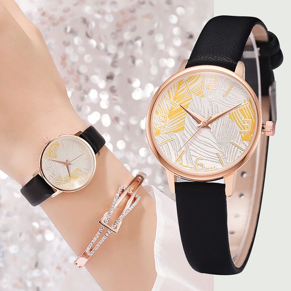 

fashion simple digital exaggerated scale leaf dial belt quartz female watch temperament girl luxury quartz wrist watches ld, Slivery;brown