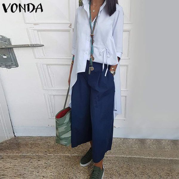 

2019 vonda asymmetrical blouse women lapel neck shirts summer party female casual blusa plus size tunic beach, White