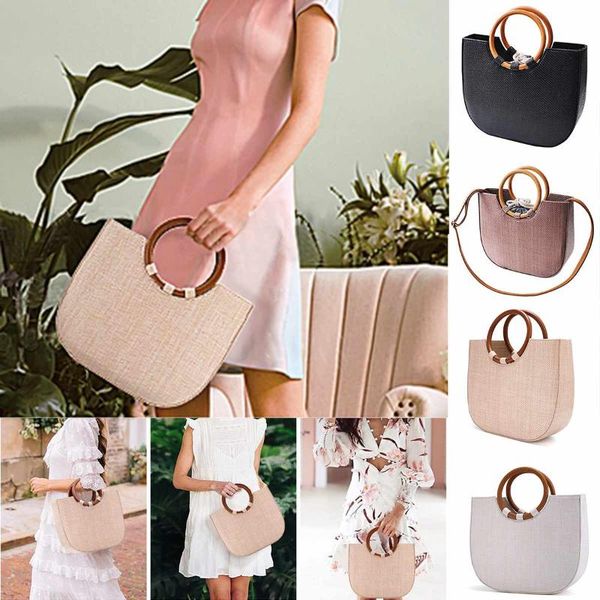 

summer circle round handle knitted handbag straw bags for women tote bag shoulder bag rattan crossbody beach hand