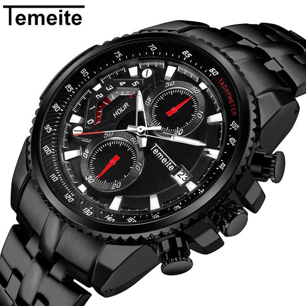 

temeite creative men quartz watches 3 dial design black stainless steel waterproof sports watches luxury clock montre homme, Slivery;brown