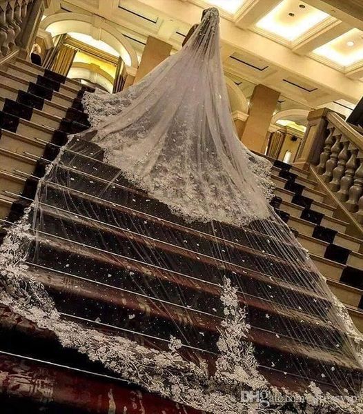 

3m one layer tulle wedding veils with appliques pearls 3d flowers for bridal cathedral length gf003, Black