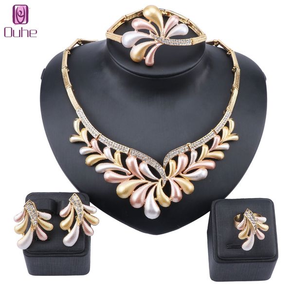 

fashion wedding jewelry set exquisite dubai gold crystal necklace earring bangle ring nigerian bridal bijoux jewelry set, Silver