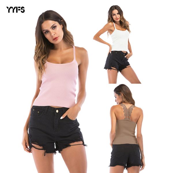 

womens designer camisole female summer back crochet butterfly solid color knit strapless sleeveless shirt female, White