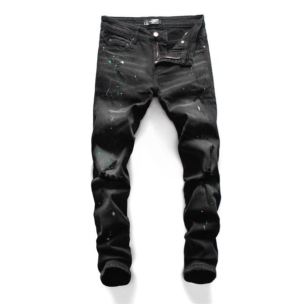 

2020 new fashion men blue bleach jeans tidy biker denim jean paint spot damage slim fit distressed cowboy men pants
