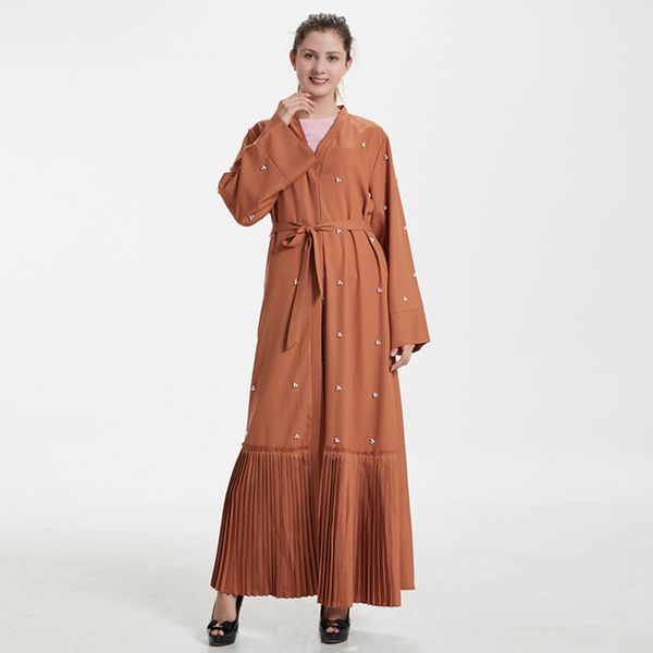 

muslim open abaya dress women elegant pearl dubai arab loose long robe lace-up ruffle hijab party islamic clothing uae vestidos, Red