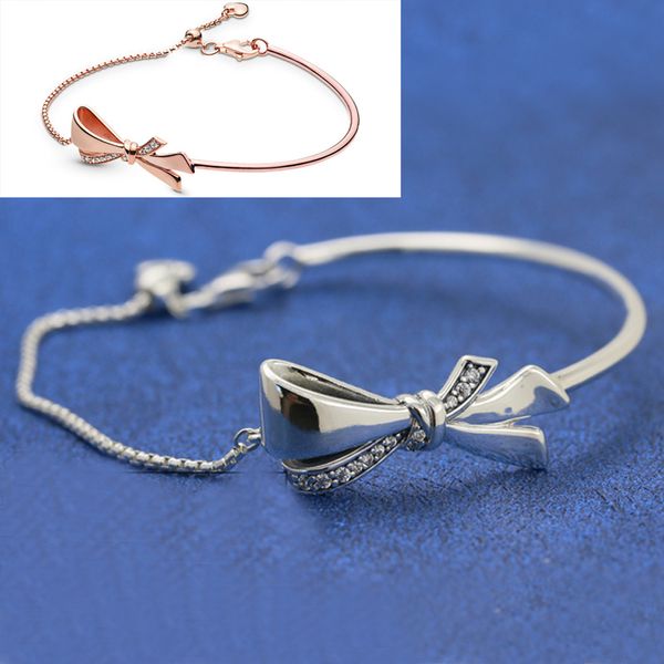 

lism [wholesale] 2019 winter new bright bow sliding bracelet ladies fashion gift 925 silver diy original jewelry, Golden;silver