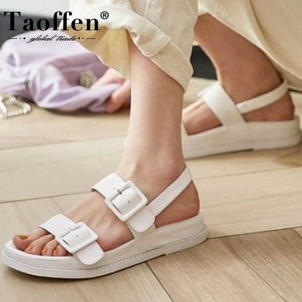 

taoffen women real leather sandals designer metal buckles shoes women flat heels solid color casual lady footwear size 34-40, Black