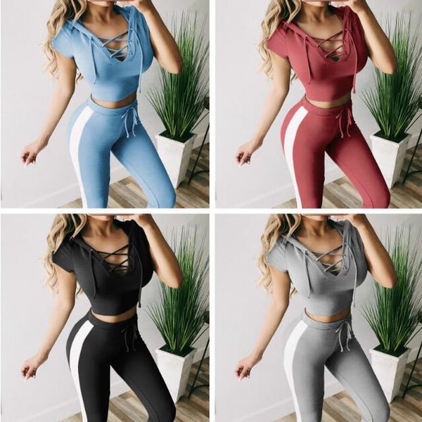 

women yoga suit tracksuit hooded bandage sport fitness crop striped running leggings workout sport set, White;red